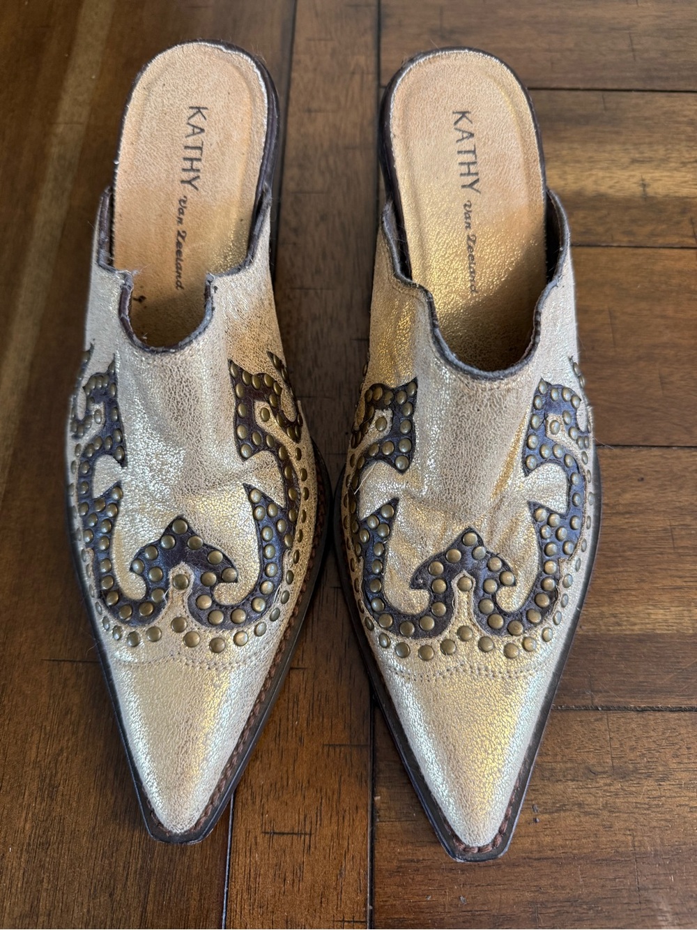 Kathy Van Zeeland Metallic Gold Pointed Slip-On Mules with Stud Detail